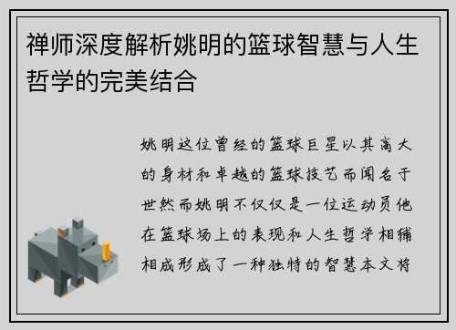禅师深度解析姚明的篮球智慧与人生哲学的完美结合